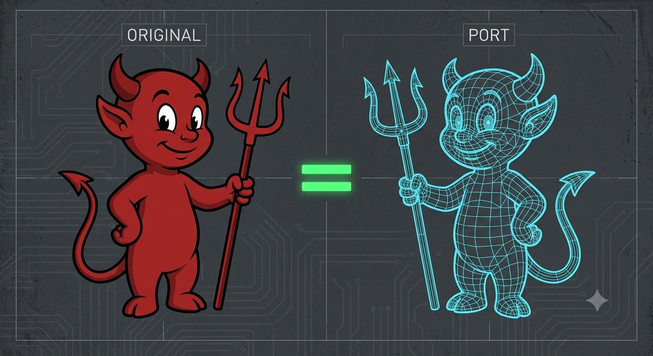 The BSD daemon shown twice: the original red mascot on the left, the same figure as a cyan wireframe on the right, with an equals sign between them